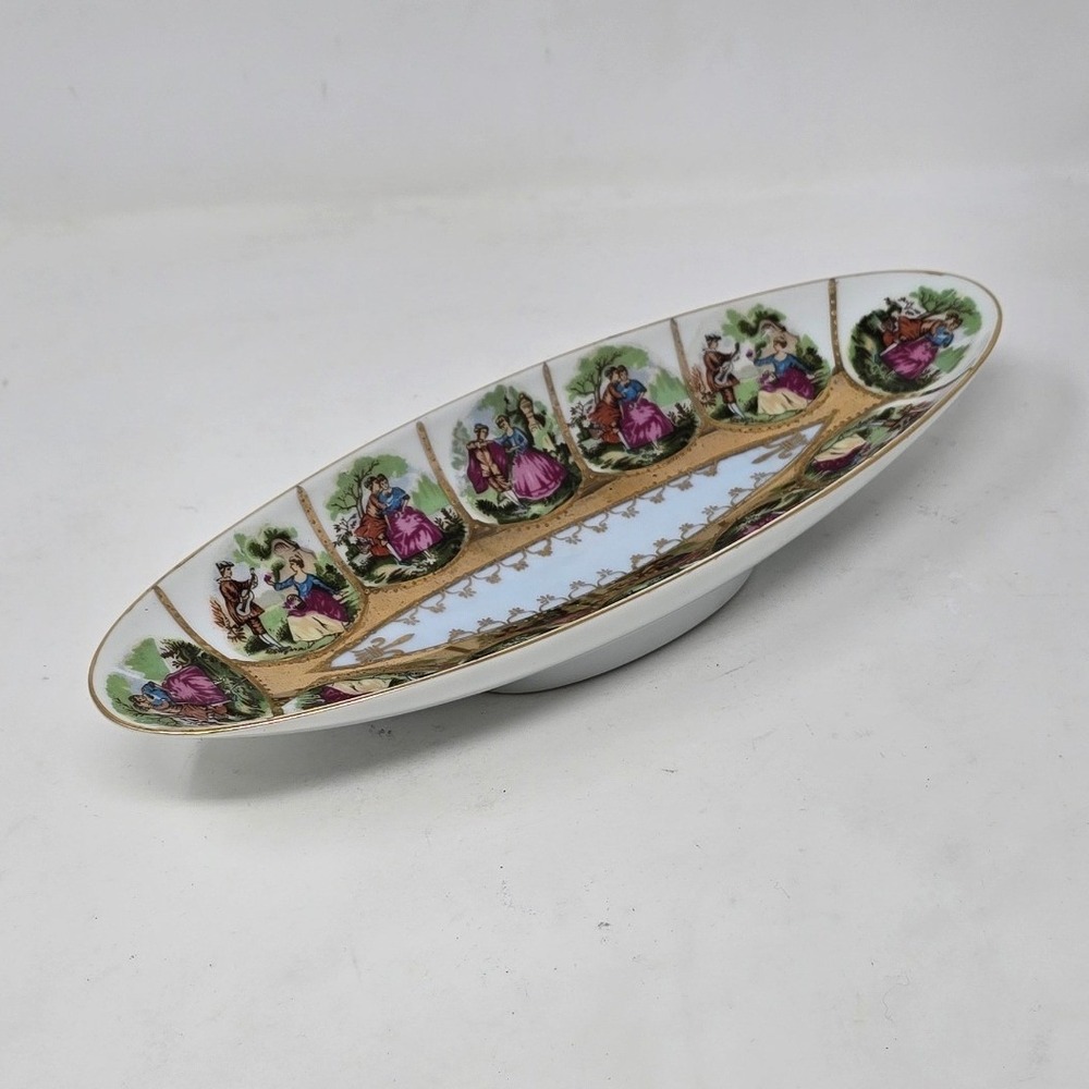 Vtg Royal Vienna boat shaped celery dish courting couples gold gilt porcelain